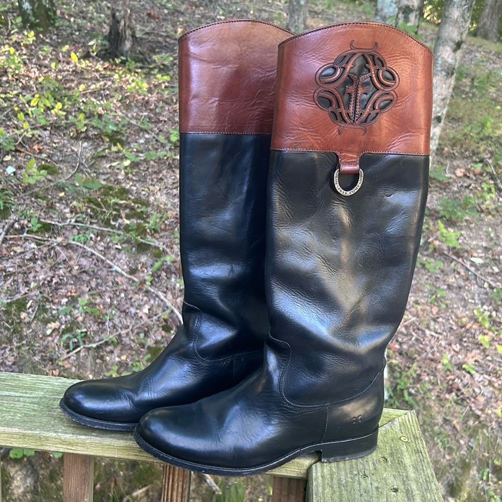 Frye Black and Brown Leather Knee-High Heeled Boots